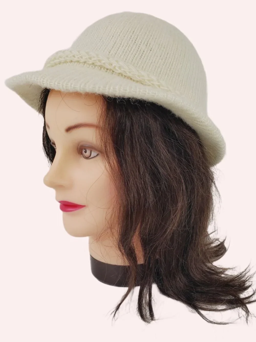 Vintage Hansen Knit Cloche Bucket Hat Cream Ivory Braided Trim Lined USA Made